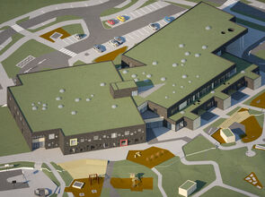 Teikning af Urriðaholtsskóla, 2. áfangi er vinstra megin á myndinni